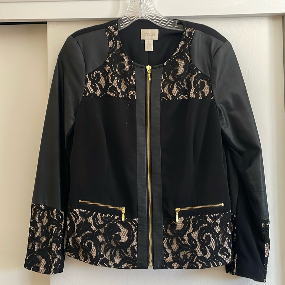 Chico’s black lace and faux leather jacket, size 0
